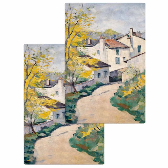 Rural Road Kitchen Dish Towels for Drying Dishes Set of 2, Abstract Art Oil Painting Pastoral Villas Waffle Weave Microfiber Hand Tea Bathroom Towels Quick Dry & Absorbent Towel 15.7x23.6