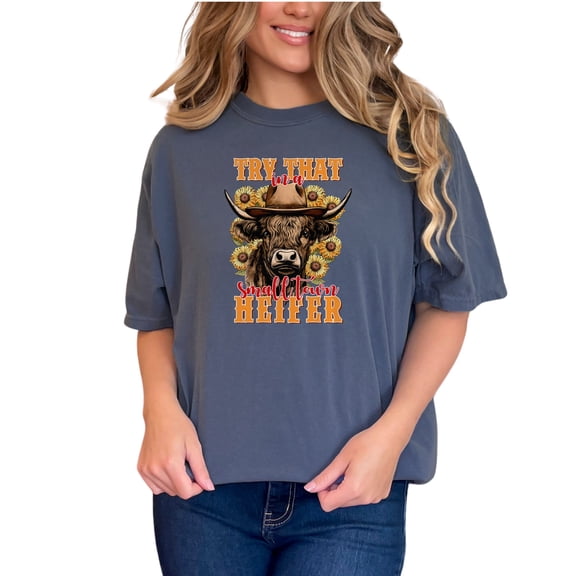 Funny Farm Cow T-Shirt, Try That In A Town Heifer, Sunflower Cowboy Graphic Tee, Country Life Humor Shirt, Denim Comfort Colors T-Shirt, Small