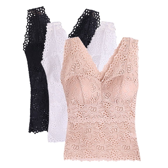 3 Pack Women's Bra Padded Tank Tops, Camisole Top Push Up Built In Bra Lace Floral Bralette Top Flower Top With Pad Long V-Neck Sleeveless Camisole, Multicolor