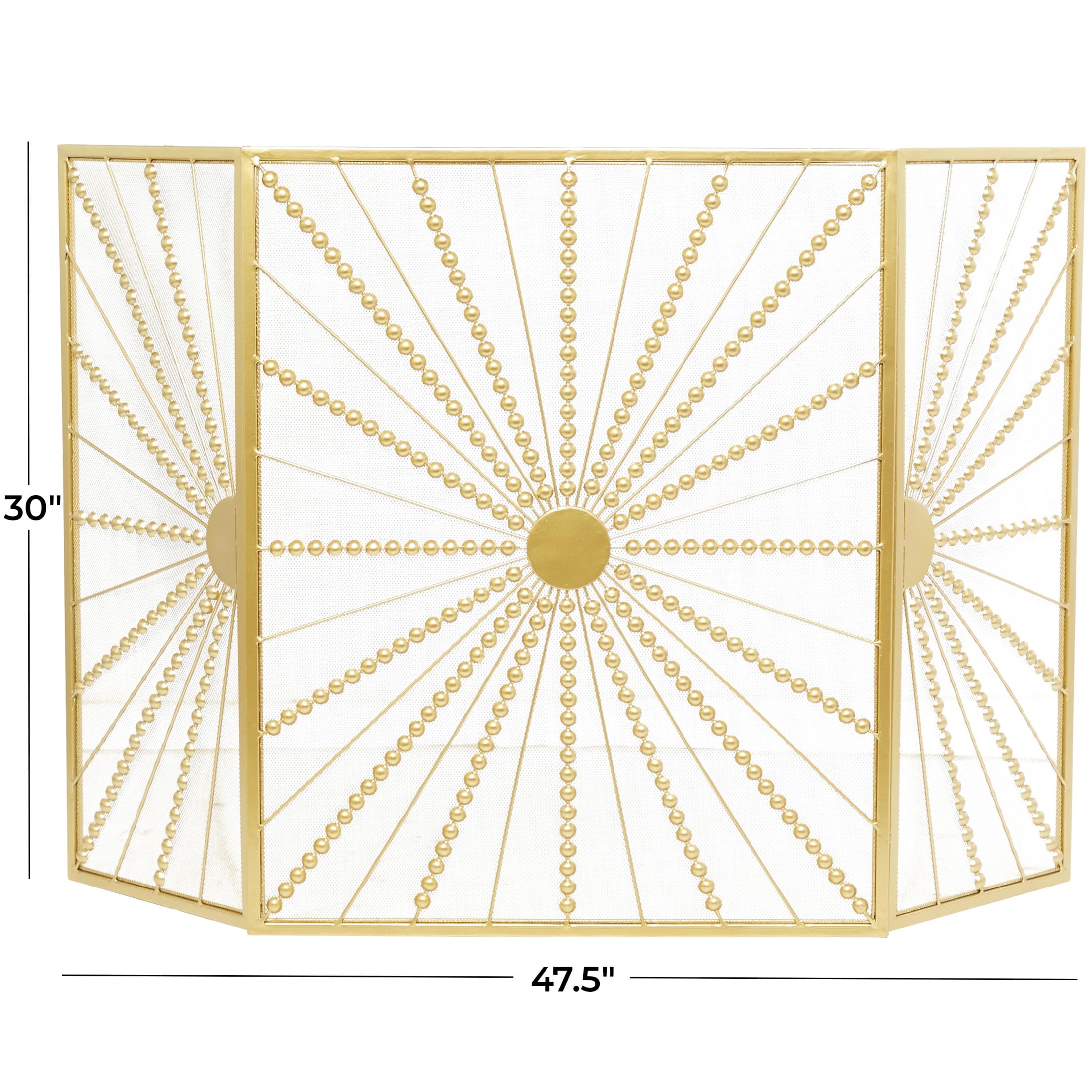 DecMode 48" x 30" Gold Metal 3 Panel Starburst Fireplace Screen with Beaded Rays, 1-Piece