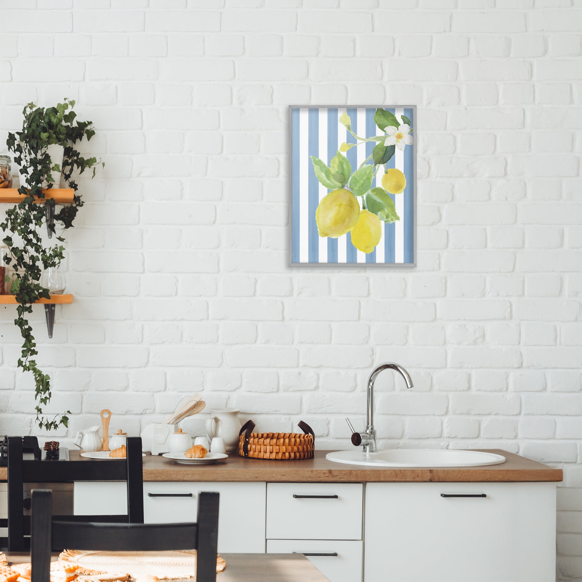 Stupell Industries Lemon Blossom on Blue Stripes Gray Framed Giclee Art, design by Lanie Loreth