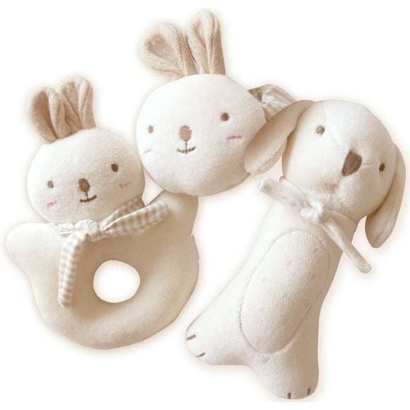 John N Tree Organic Baby First Friends Animales de peluche (juego de sonajero para cachorros y conejos) Muñeco adjunto para bebé Juguete orgánico