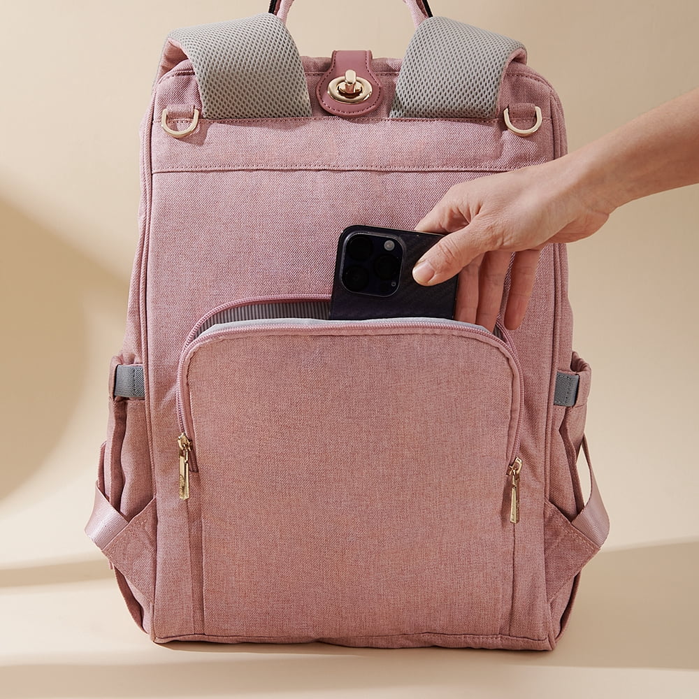 Sunveno Easy Open Diaper Bag Backpack with Insulated Pockets, Stroller Straps and Changing Pad, Pink