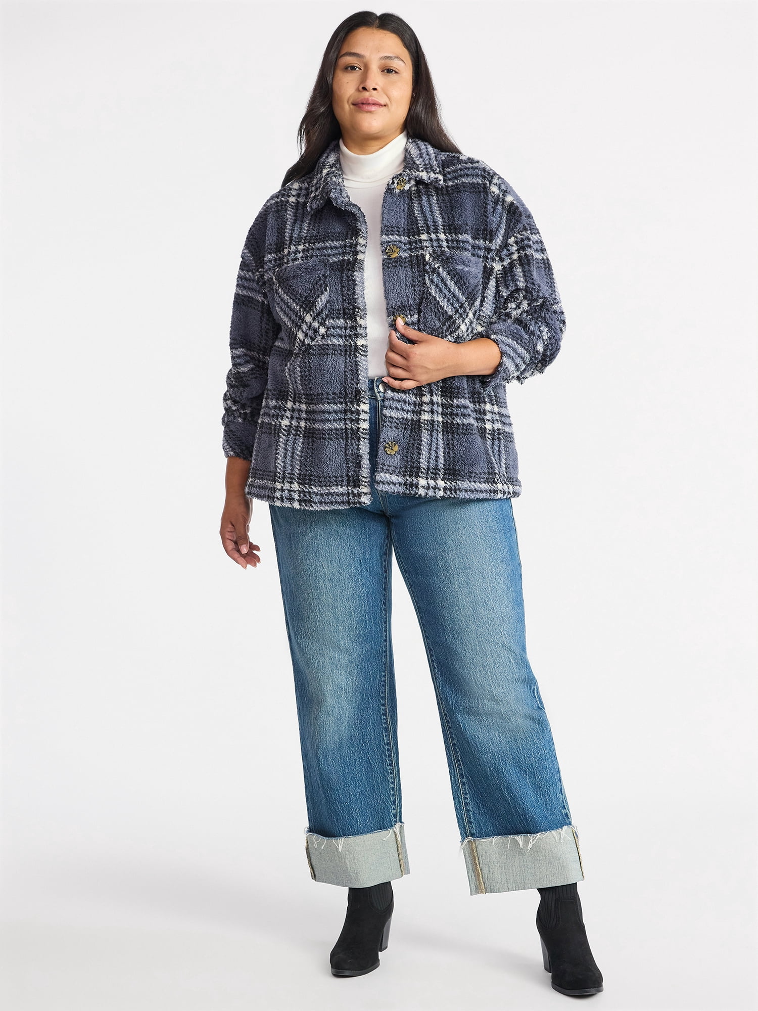 Terra & Sky Women's Plus Size Cozy Button Front Shacket with Long Sleeves, Sizes 0X-5X