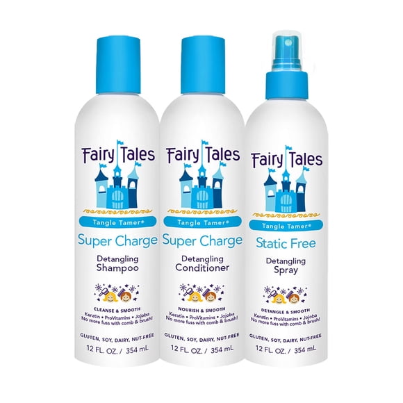 Fairy Tales Tangle Tamer Champú y acondicionador desenredante para niños más spray desenredante - Protección ultra hidratante y antiencrespamiento - Sin parabenos, sin sulfatos - 12 oz cada botella -