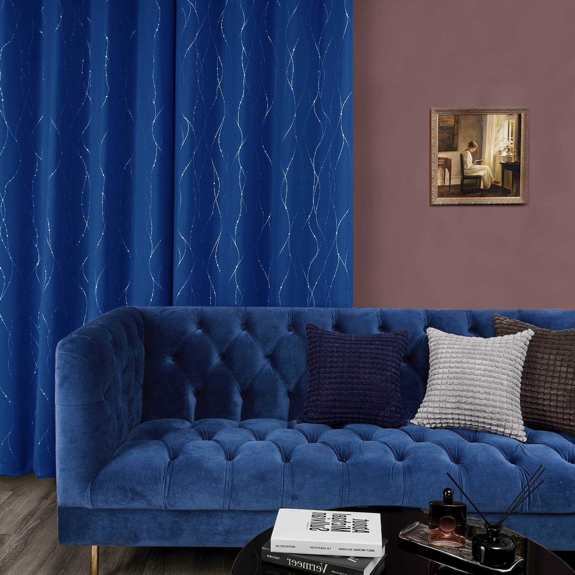 ZOPZO Blackout Curtains, Energy Saving, 2 Panels, Royal Blue, 52W x 95L Inch, Noise Reducing, Thermal Insulated With Wave Line and Dots