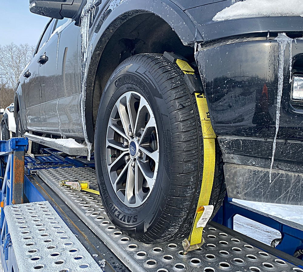 Mytee Products 8 Pack 2"x9' Over The Wheel Tire Straps with Ratchet, Swivel J Hook & Rubber Blocks - 10,000 LBS Breaking Strength Towing Tie Down Straps for Auto Car Haulers, UTV, Truck Trailer Bed