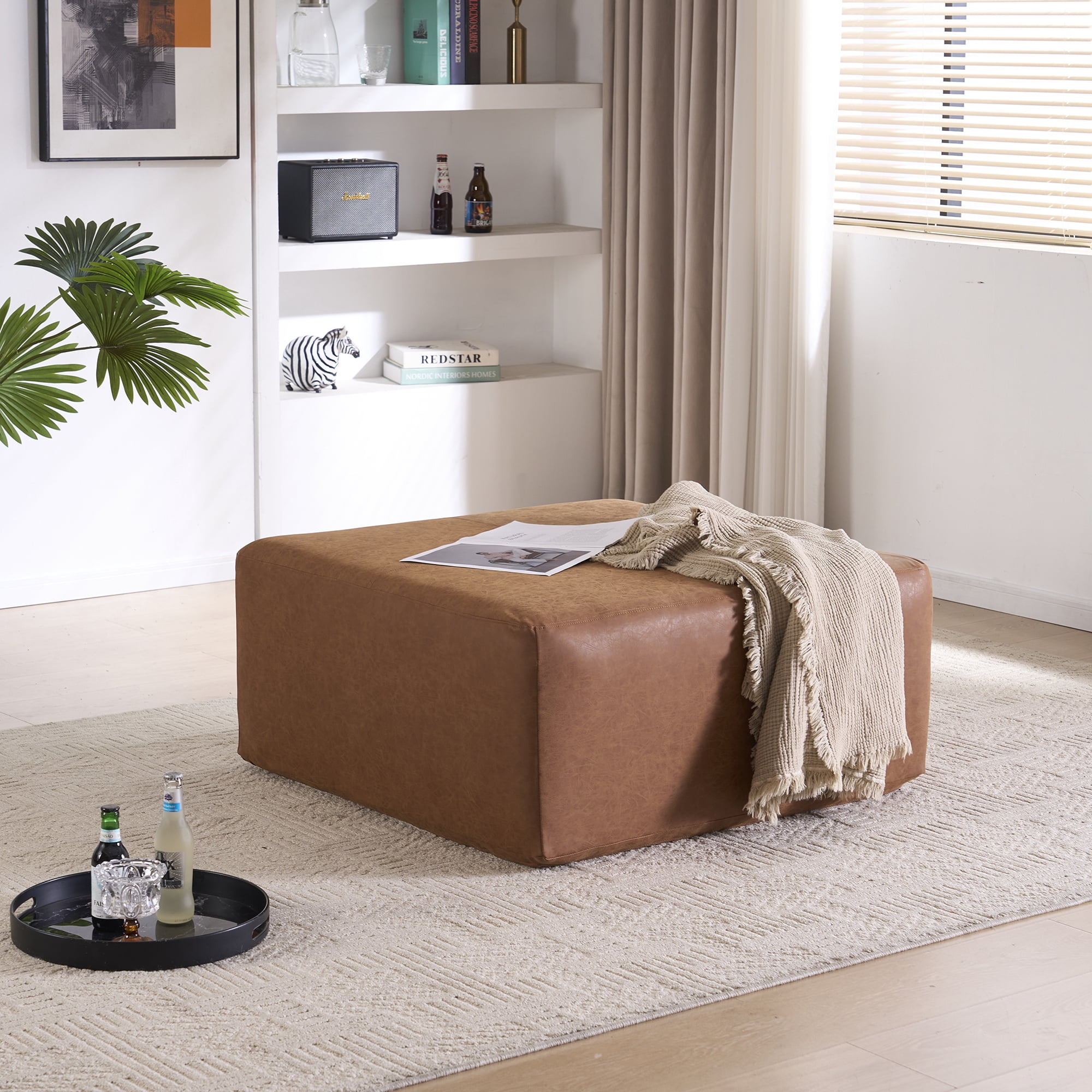 35" Wide Oversized Square Ottoman Coffee Table, Faux Leather Couch Ottoman Large Footstool for Living Room (Brown, Square)