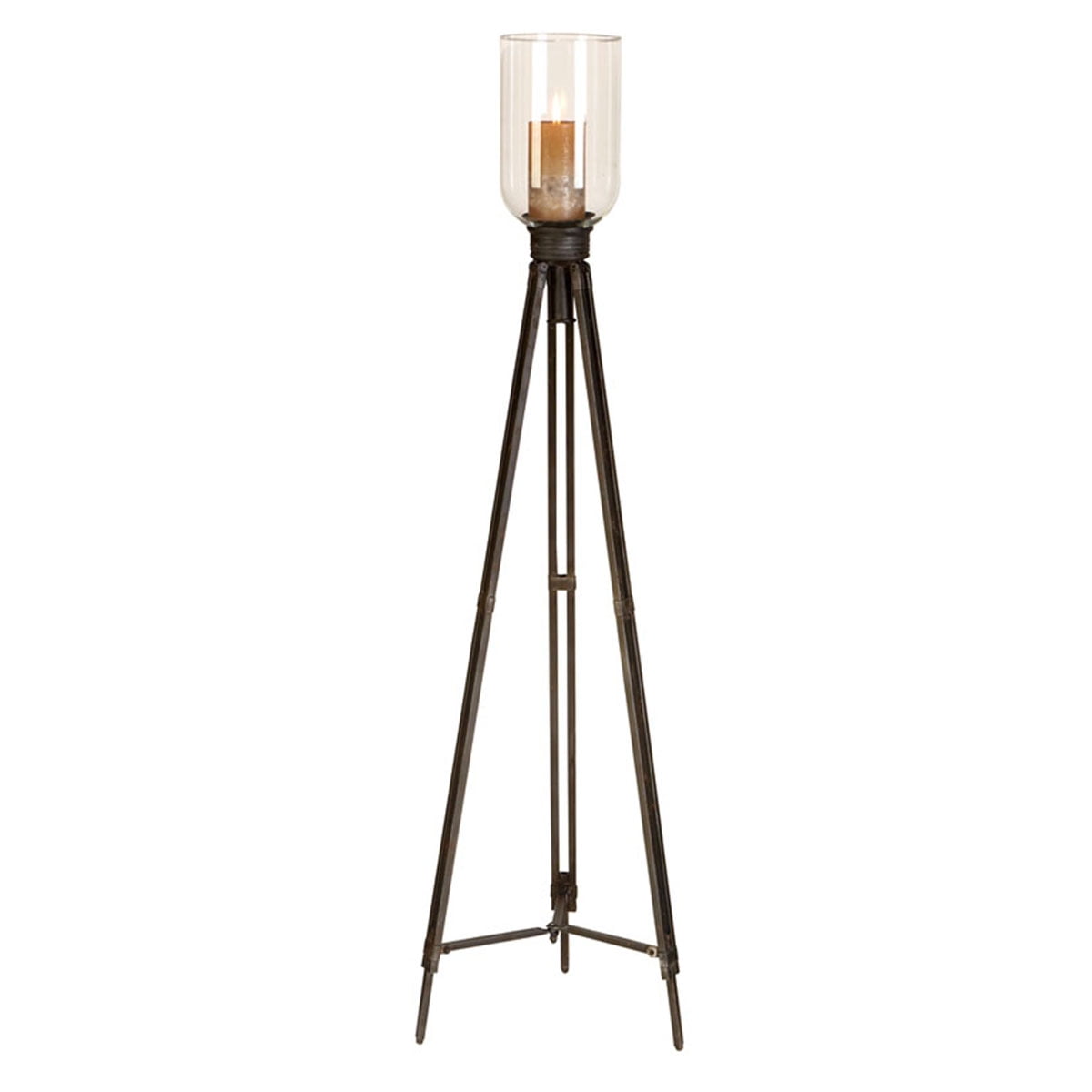 Antiqued Tripod Floor Standing Pillar Candle Holder with Clear Glass