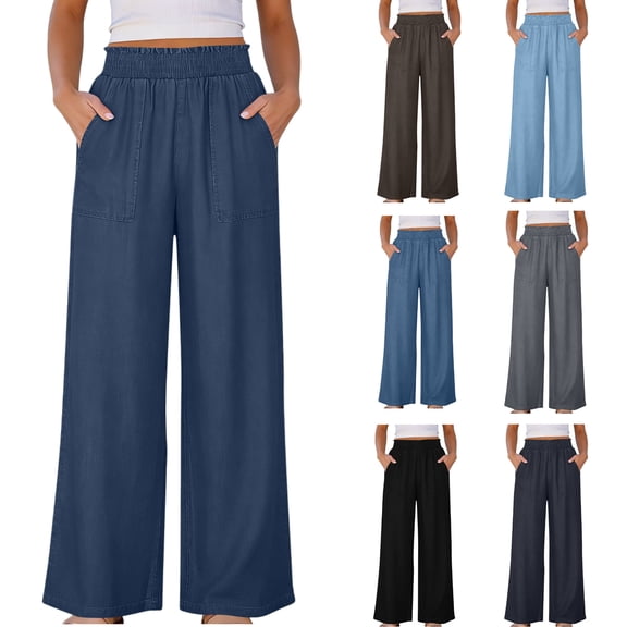 WPPGONE Faux Denim Pants for Women Plus Size High Elastic Waisted Straight Wide Leg Pull on Baggy Bottoms Fashion Trendy Summer Jeans with Pockets