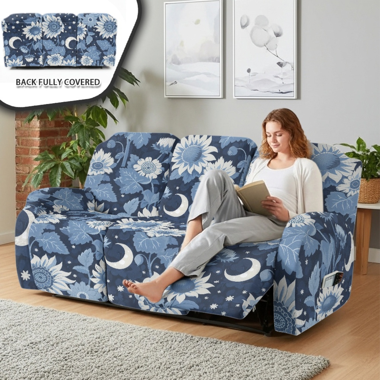 COEQINE Cover for Recliner Chair Stretch Reclining Sofa Cover 8 Pieces Recliner Cover for 3 Cushion Reclining Sofa Stay in Place Furniture Protector, Blue Floral Moon