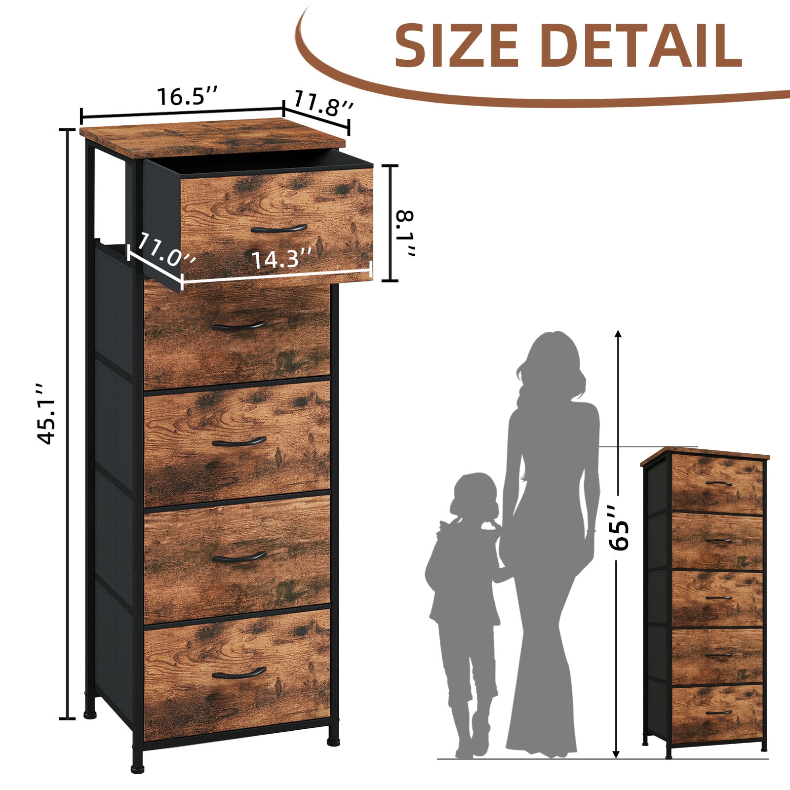 Eunos Tall Dresser for bedroom, 5 Vertical Fabric Drawers Nightstand, Living Room Hallway, Wood Grain Print