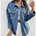 thumbnail image 3 of Women's Pearls Denim Jacket Cropped Rhinestones Jean Blazer Coat,Sequin Long Sleeve Rhinestone Denim Jackets, 3 of 7