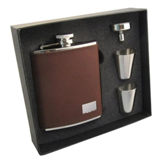 Hunter Dark Brown Leather 6 oz Stainless Steel Hip Flask Gift Set