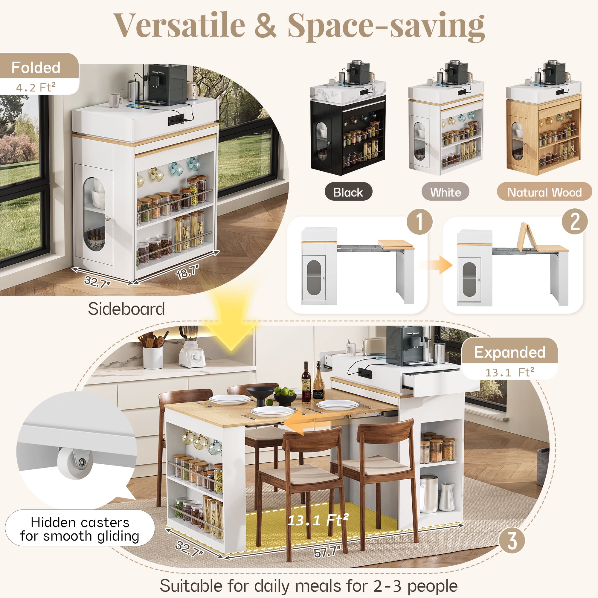 MODERNLUXE Extendable Dining Table with Folding Tabletop, Kitchen Island with Wheels,Hooks,Drawers and Power Outlet, Bar Table with Storage for Kitchen, Dining Room,White