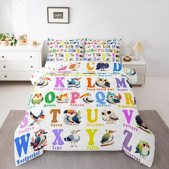 YST Kids Birds Alphabet Comforter Set Queen Cartoon English Alphabet Toddler Bedding Set For Boys Girls,Abc Letters Bed Comforter Set Educational Learning Theme Quilt Children Room Decor