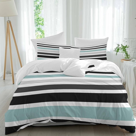 3 Piece Turquoise Black Stripe Duvet Cover Set Queen Size,Microfiber Comforter/Quilt Cover with Corner Ties and 2 Pillowcases,Modern Abstract Coarse Striped All Season Bedding with Zipper Closure