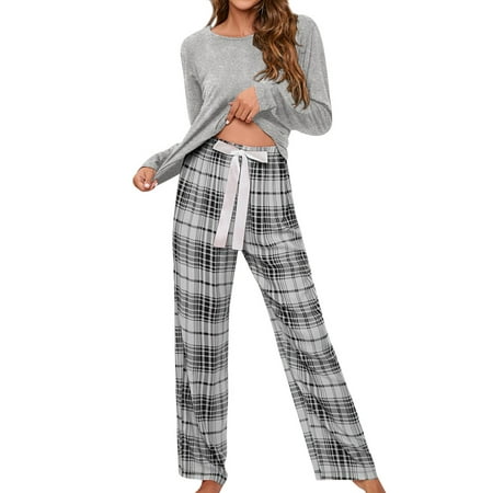 

HUBERY Women Plaid Printed Color Block Lace Up Waist Pocket Spliced Pajama Set