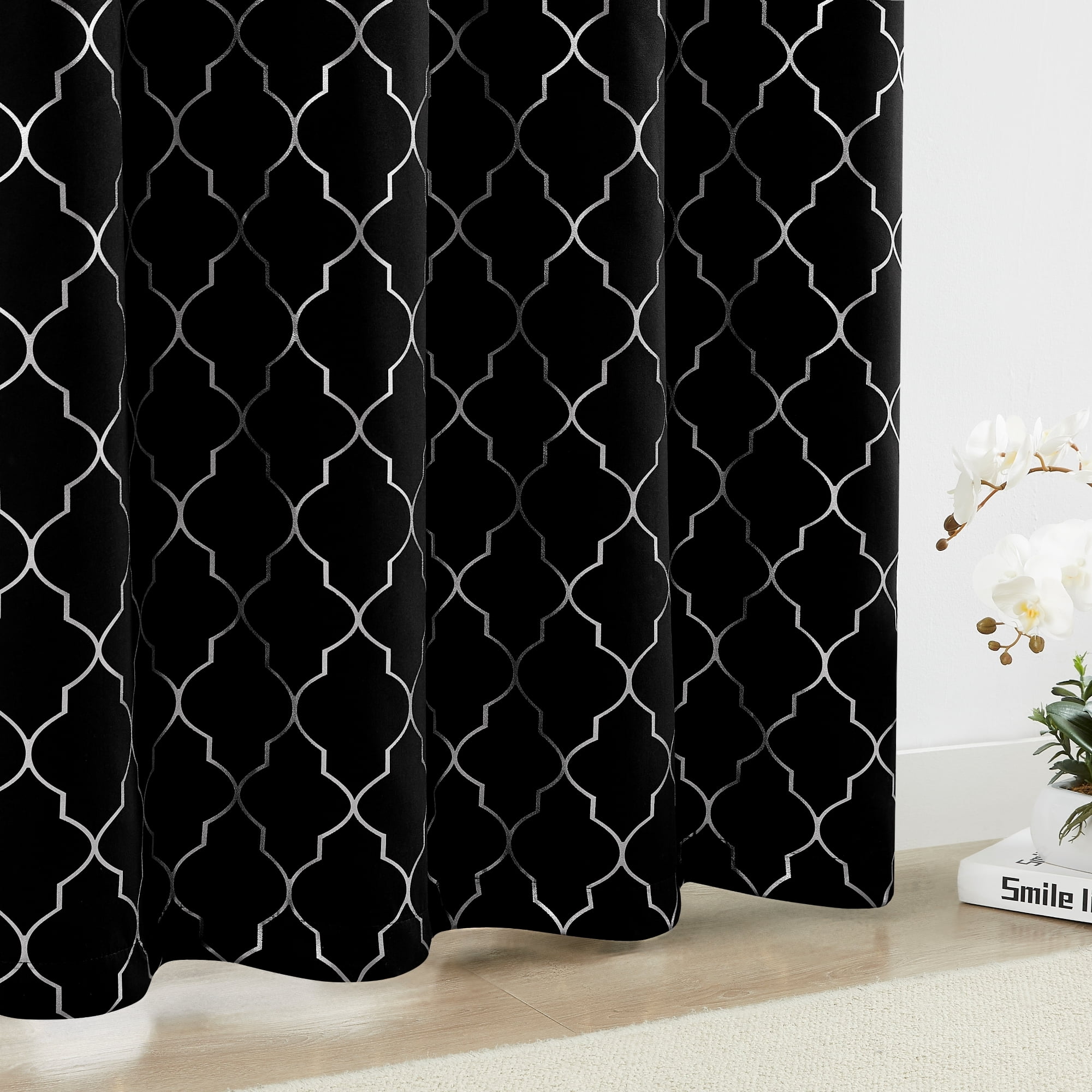 Bohogeo 84 Inches Full Blackout Window Curtain Panels for Bedroom Living Room,Silver Geo Metallic Moroccan Printed Pattern on Black Drapes,Modern Room Darkening Window Treatment,52" Wx84 L(Pack of 2)