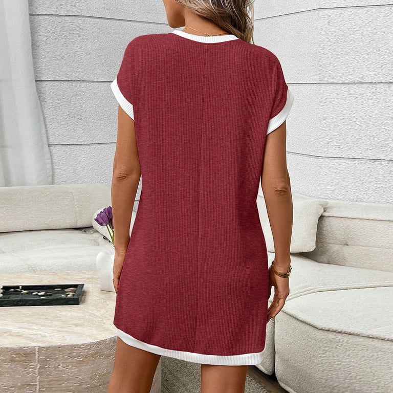 ringer t shirt dress Women's Casual Mini T-Shirt Dress Short Sleeve Contrast Ringer Neck Pocket  Shift Dress Loose Fit Breathable Knit Dress for Daily Wear Summer Beach