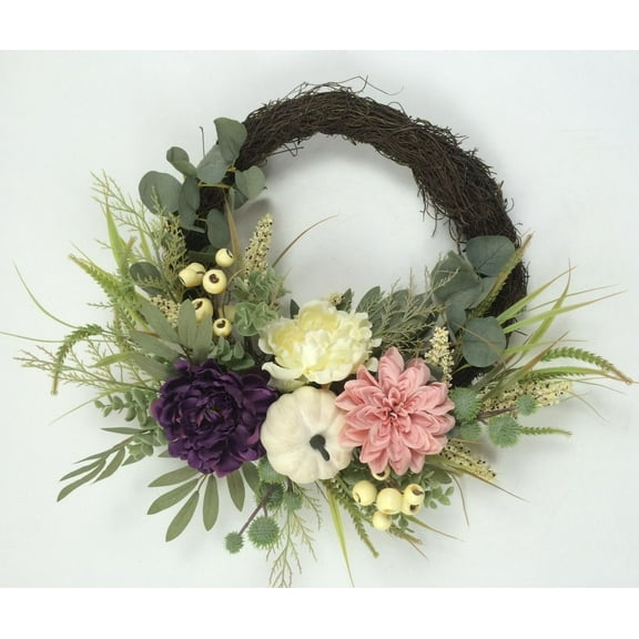 Purple Pink And Cream Flowers With White Pumpkin On Brown Wreath