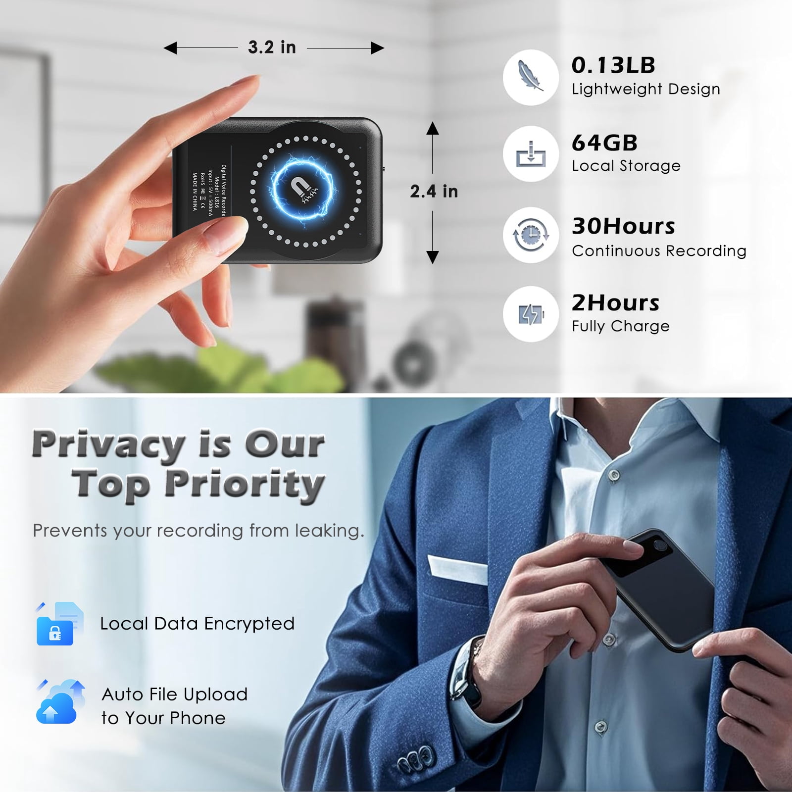 RONY AI Voice Recorder with Transcribe, Translation, APP Control, AI Analysis Summarize for Lectures Meetings Calls, Support 100+ Languages, 64GB Memory