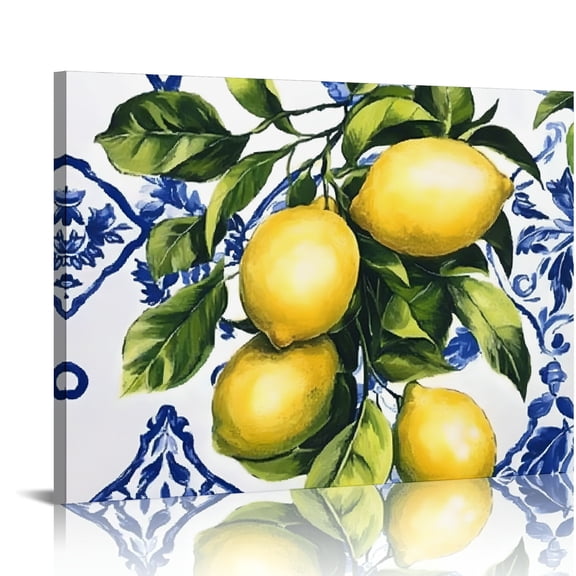 SUMAAFU Lemons Blue And White Tile Print Canvas Wall Art Decor 16x12in