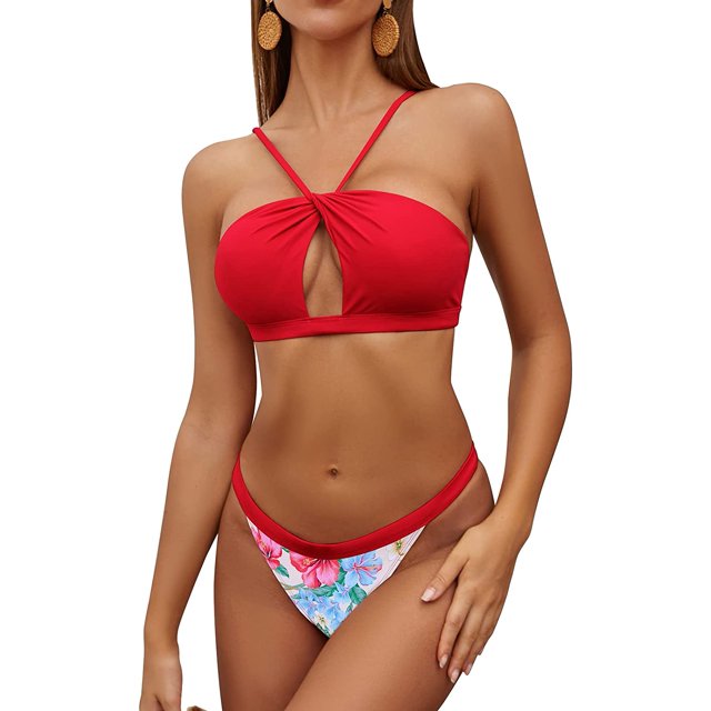 Trajes de baño de Dos Piezas con Parte Inferior brasileña de Bikini de Ojo de Cerradura para Mujer Rosa Roja XL Rosa Roja XL Xishao ropa