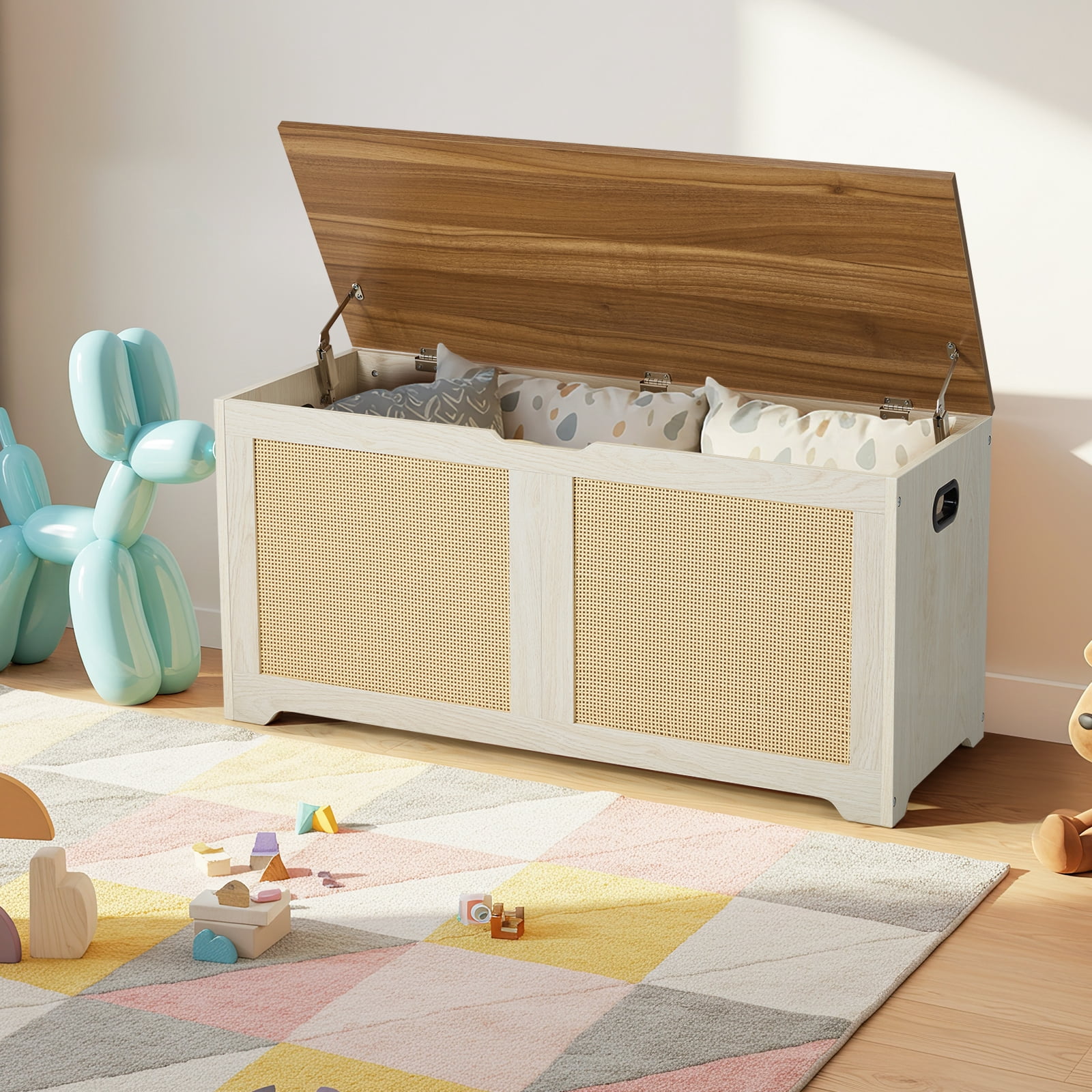Erinnyees 39.4" Rattan Storage Chest, Storage Bench, Toy Chest, Shoe Bench, with Double Soft - Close Hinges, for Entryway, Bedroom, Living Room, Supports 300 lb