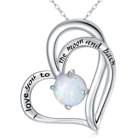 TANGPOET S925 Sterling Silver Opal Necklace Double Heart Pendant Necklace Opal Jewelry for Women Valentines Day Birthday