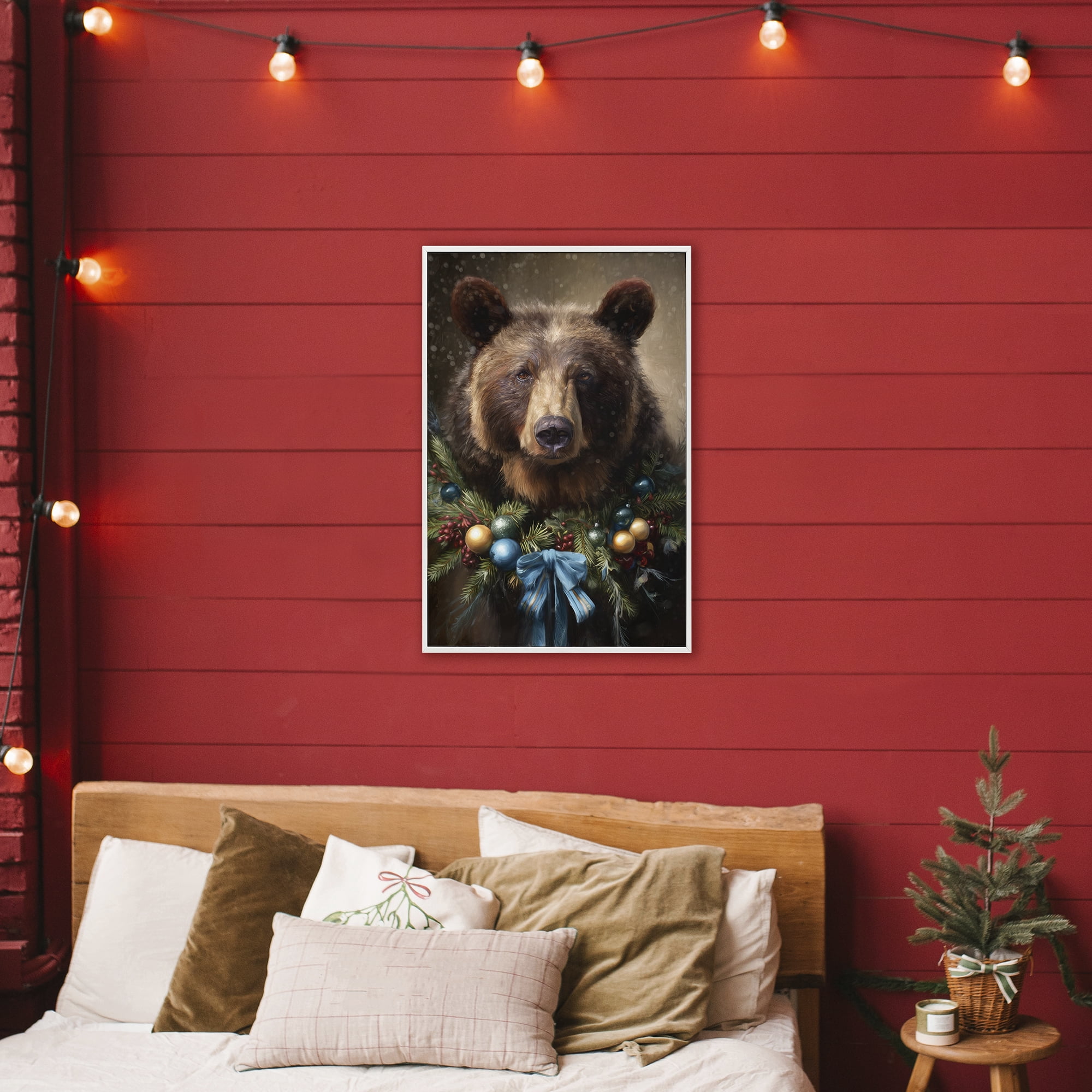 Stupell Industries Christmas Grizzly with Wreath White Framed Giclee Art, design by Tina LeCour