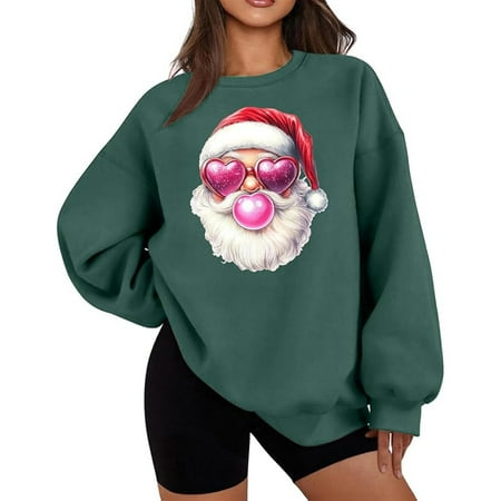 Arlun Funny Santa Claus Graphic Crewneck Pullover Sweatshirts Xmas Printed Drop Shoulder Long Sleeve Comfy Pullover Tops Ladies Valentine s Day Loose Fit Fashion Winter Outfits 2026 Dark Green XXL