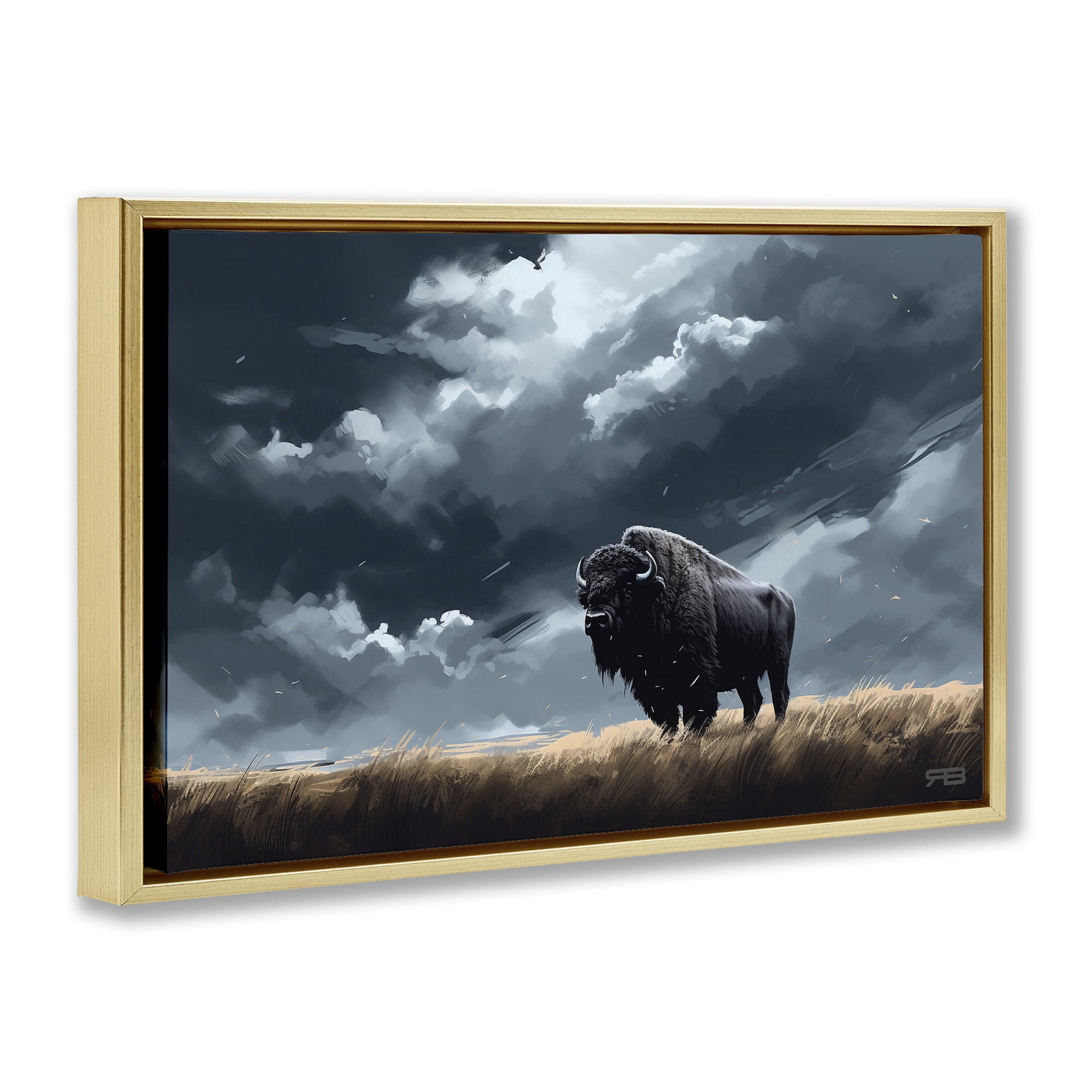 Stupell Industries Bison Silhouette with Clouds Landscape Painting Gold Floater Framed Canvas Art Print Wall Art, 25 x 17