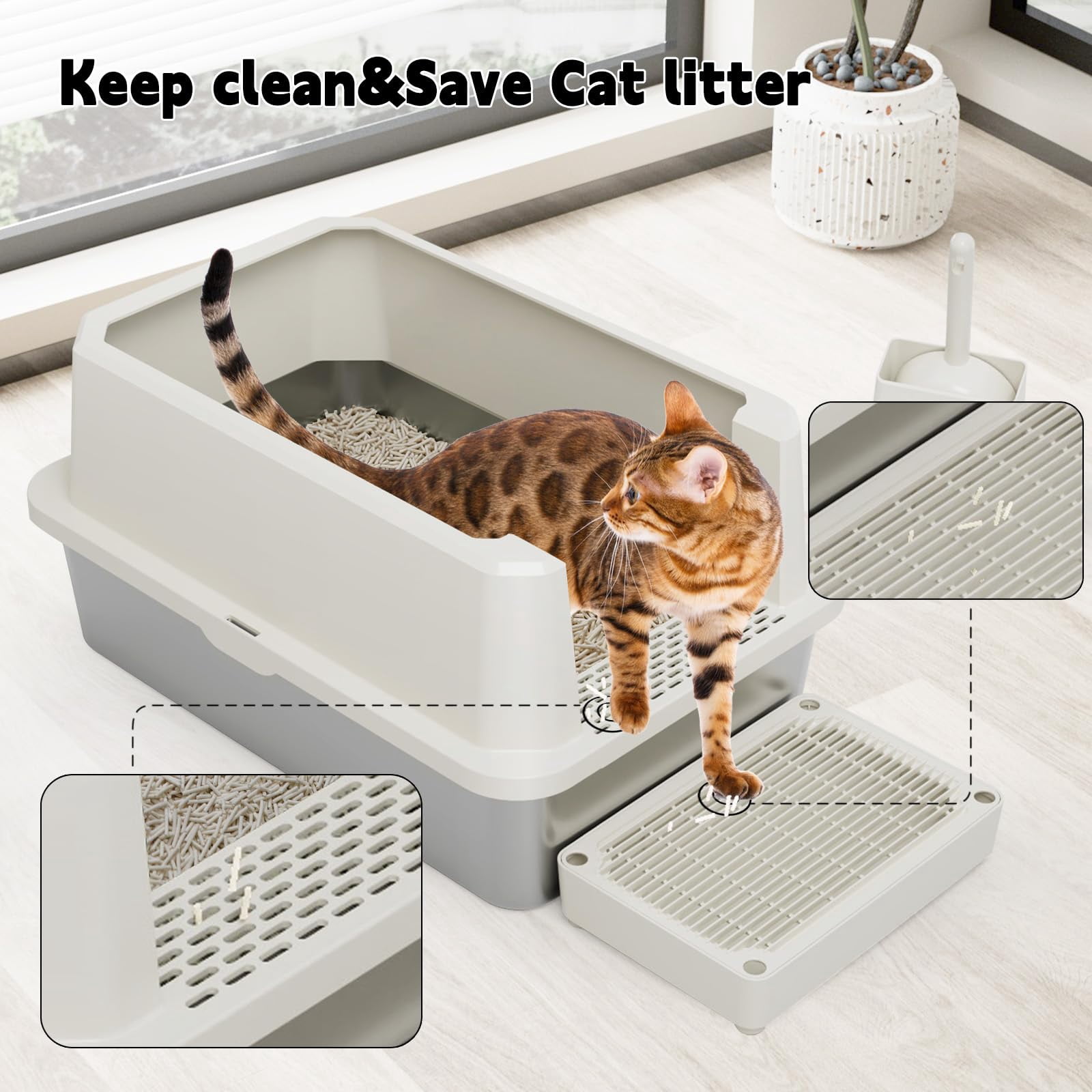 Open Cat Litter Box: Large Beige Stainless Steel Pan 23.8" X 15.9" 12.4" - High Sided Splash-proof Easy Clean Toilet For Cats Up To 20 Lbs Ideal Laundry Areas Apartments