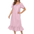thumbnail image 4 of Women's Nightgown Cotton Sleepwear Long Loungewear Short Sleeve Vintage Pink M, 4 of 6