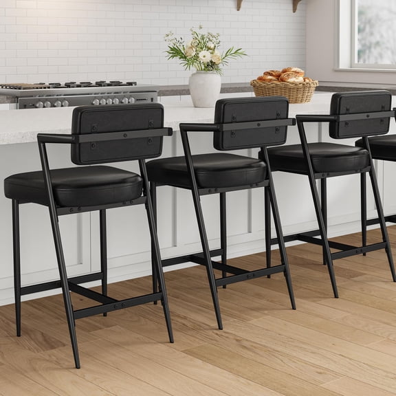 Set of 6 Counter Height Bar Stools, 27" Tall Chairs with Armrest, Backrest, Footrest & Thick Metal Legs for Kitchen Island | Tall Bar Stools