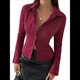 thumbnail image 1 of Camisa Corta A Rayas con Botones para Mujer, Blusa Ajustada de Larga, Camisa de Trabajo Vino Tinto M, 1 of 8