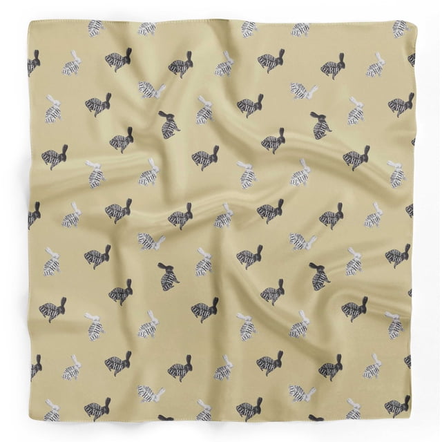 Bimba Beige Text & Stencil Rabbit Animal Printed Pure Silk Scarf Neck Wrap Summer Hair Bandanas For Women 40 x 80 Inches