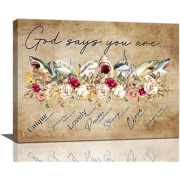 Shark Bathroom Decor Wall Art Funny Shark Pictures Wall Decor God Says You Are Canvas Print Modern Artwork Home Decoration For Kids Room Bathroom Bedroom Office Framed 16"x12"