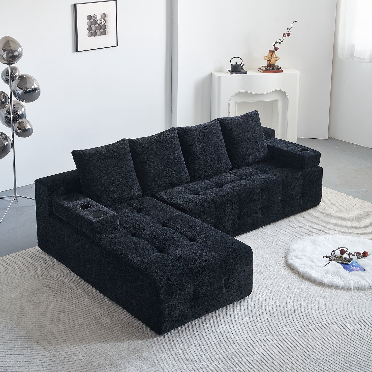 Modern L-shaped Tufted Sectional Sofa with Built-in Wireless Charging & Bluetooth Speaker,Reversible Chaise with Chenille Sofa Couch, USB Port, Cup Holders, Black,Perfect for Small Apartments