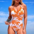 thumbnail image 2 of yueewhu Women's Colorblock Tropical One Piece Swimsuit Tummy Control Halter Bathing Suit (Orange, XXL), 2 of 6