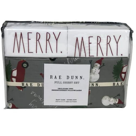 Rae Dunn Merry Christmas Truck Snowman Full Size Sheet Set
