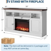 58in Farmhouse Fireplace TV Stand with Open Storage Cabinets Media Console for TVs Up to 75in White with Adjustable 3D Electric Fireplace