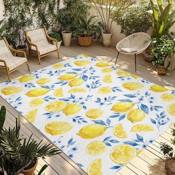 Watercolor Lemons Outdoor Rug for Patio/Deck/Porch, Non-Slip Large Area Rug 3 x 5 Ft, Summer Farmhouse Blue Floral Indoor Outdoor Rugs Washable Area Rugs, Reversible Camping Rug Carpet Runner