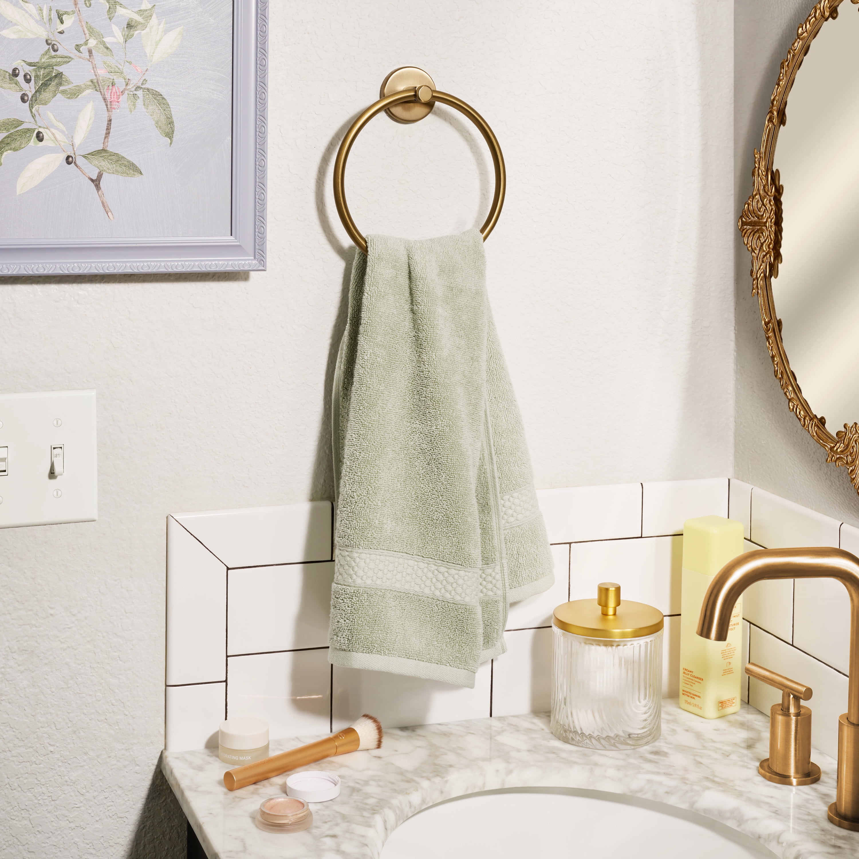 (2 pack) Beautiful by Drew Barrymore Dobby Hand Towel, 100% Cotton, Sage Green