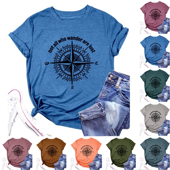 Trendfront Womens Summer Crew Neck Short Sleeve Tops Compass Navigation Graphic Print Tees Casual Fashion Style Apparel T-Shirts