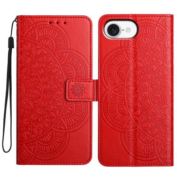 Allytechgroup PU Leather Case for iPhone 16e/ iPhone 17e, Wallet Case with Card Holder Wrist Strap Stand Slim Lightweight Non-Slip Rugged Shockproof Protective Back Cover for Women Men, Red