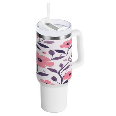 

40 Oz Car Handle Water Bottle 10.8x3.85 Inch Handle And Straw Travel Water Bottle Reusable Stainless Steel Water Bottle Pretty Pink Flowers and Leaves