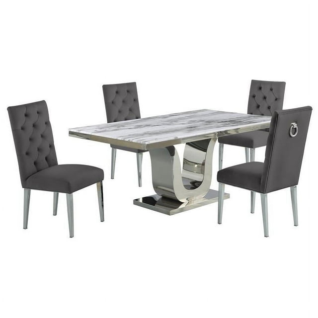 White Marble 5 piece Dining Set with Silver Stainless Steel Base