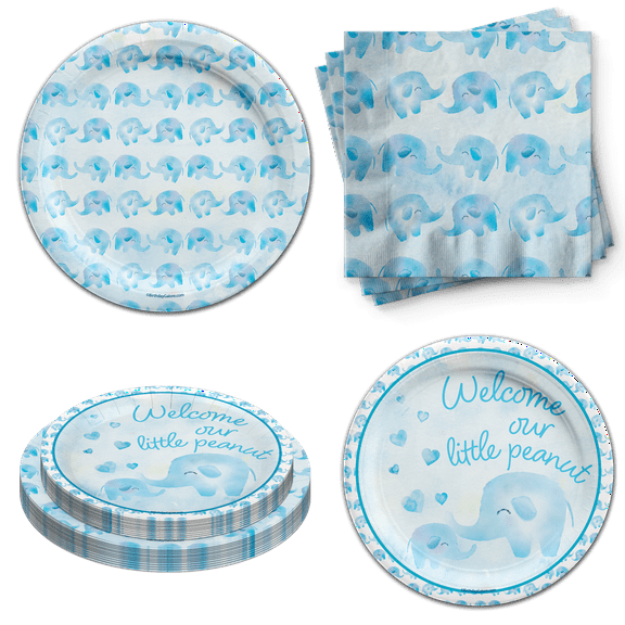 Our Little Peanut Boy Baby Shower Party Supplies - Elephant Baby Shower Tableware Set Includes Plates Napkins | Kit for 24